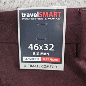 Roundtree & Yorke TravelSmart Mens 46x32 Burgundy Flat Front Dress Pants Big Man